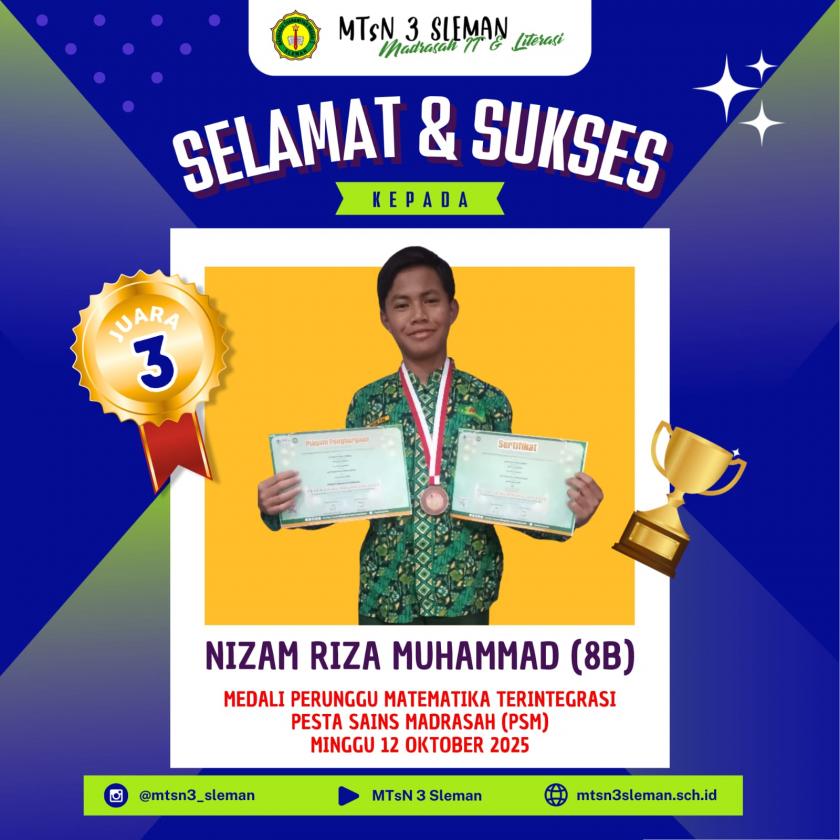Siswa MTsN 3 Sleman, Nizam Riza Muhammad, Sabet Medali Perunggu Olimpiade Matematika POSI