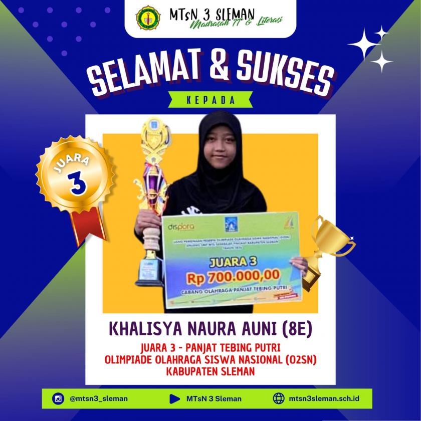 Siswi MTs N 3 Sleman Raih Juara 3 Panjat Tebing Putri dalam Ajang OSN