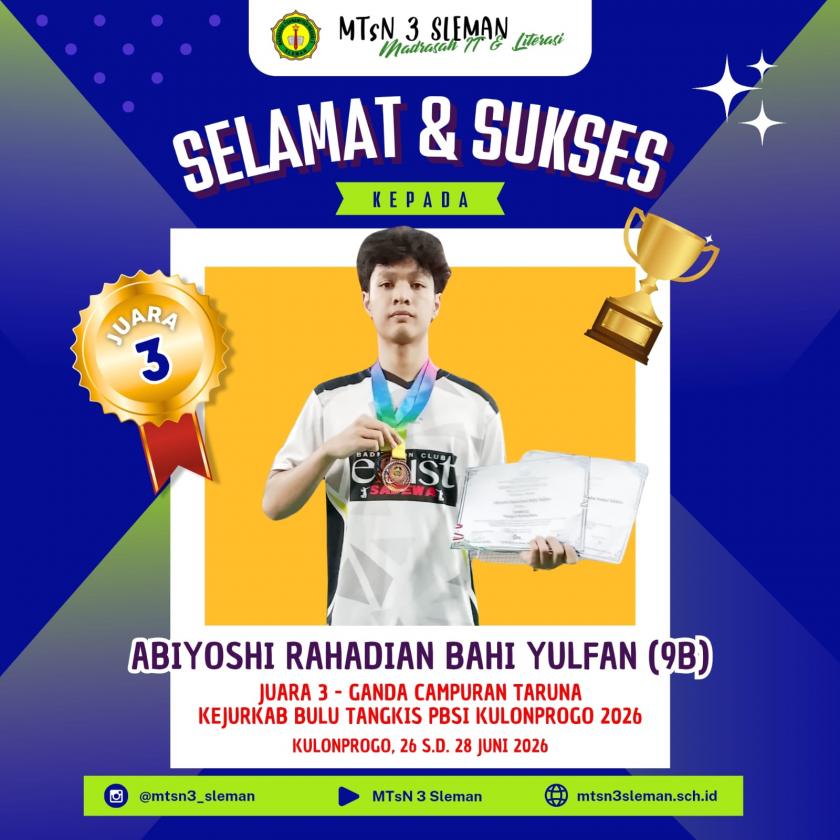 Main Apik di Lapangan, Siswa MTsN 3 Sleman Raih Juara 3 Kejurkab Bulutangkis PBSI Kulonprogo 2026
