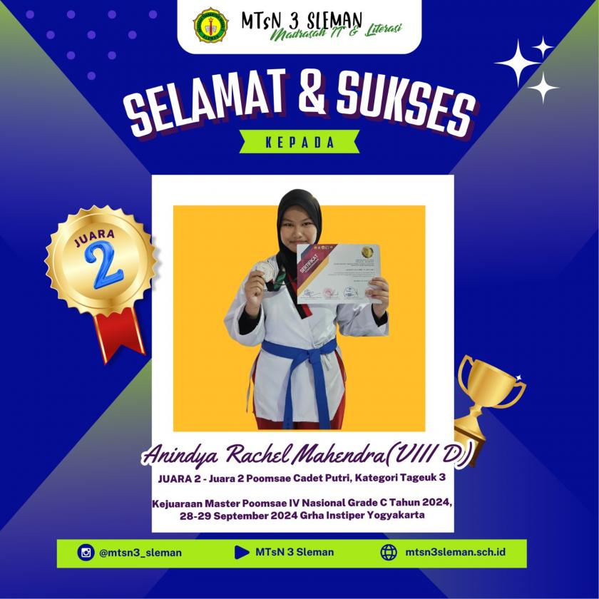 Torehkan Prestasi,  Anindya Rachel Mahendra  Siswa MTsN 3 Sleman Juara 2