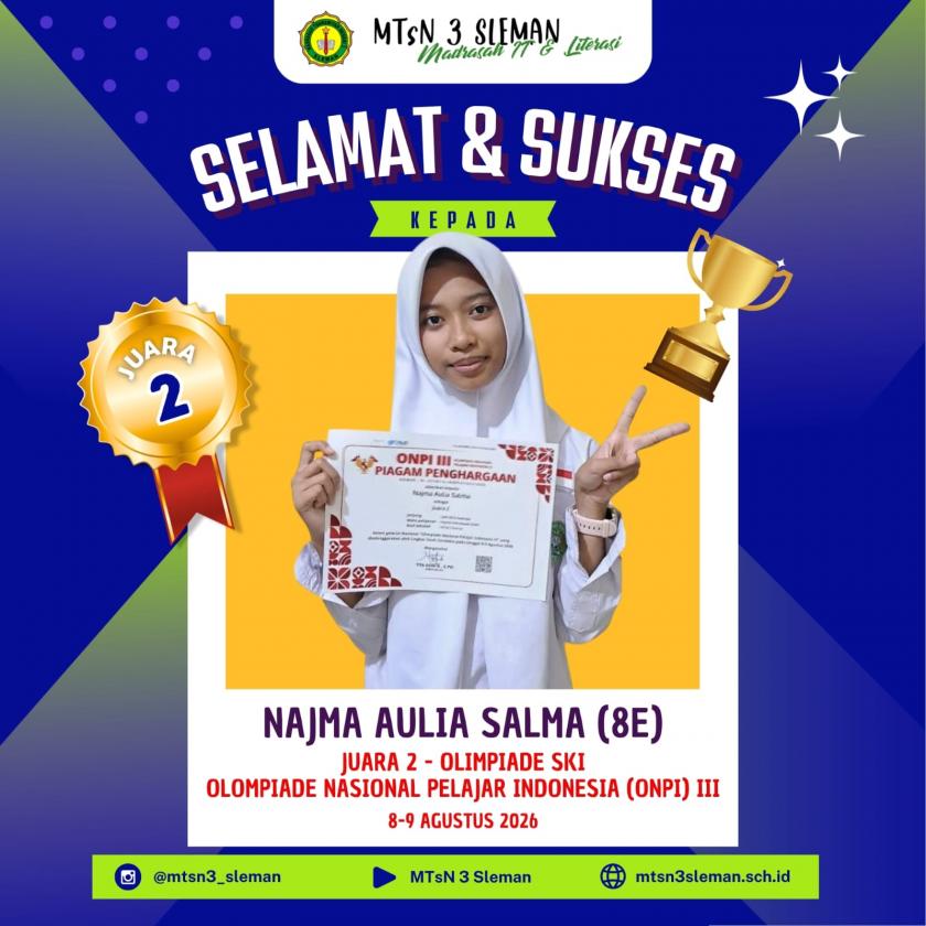 Membanggakan, Najma Aulia Salma Siswi MTsN 3 Sleman Sabet Juara 2 Kaligrafi ONPI 2026