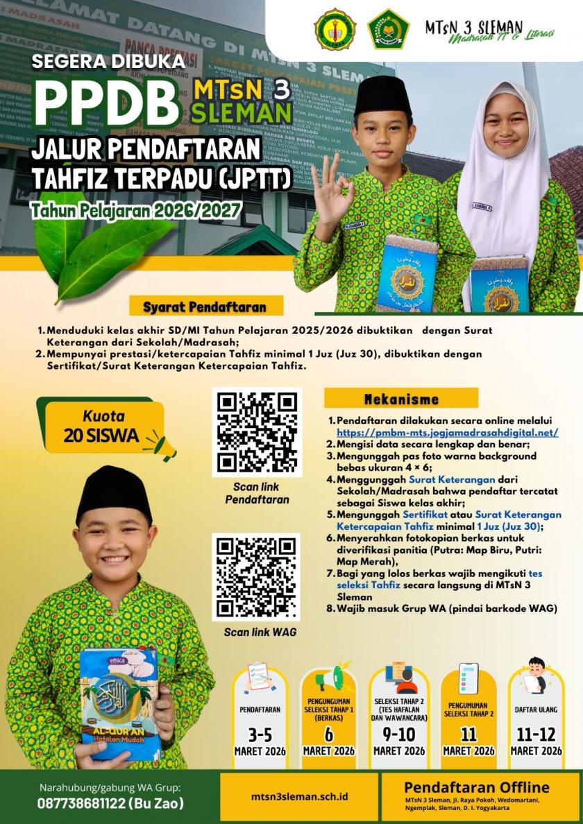 PMBM Jalur Pendaftaran Tahfiz Terpadu (JPTT) Tahun Pelajaran 2026/2027 PMBM Jalur Pendaftaran Tahfiz Terpadu (JPTT) Tahun Pelajaran 2026/2027