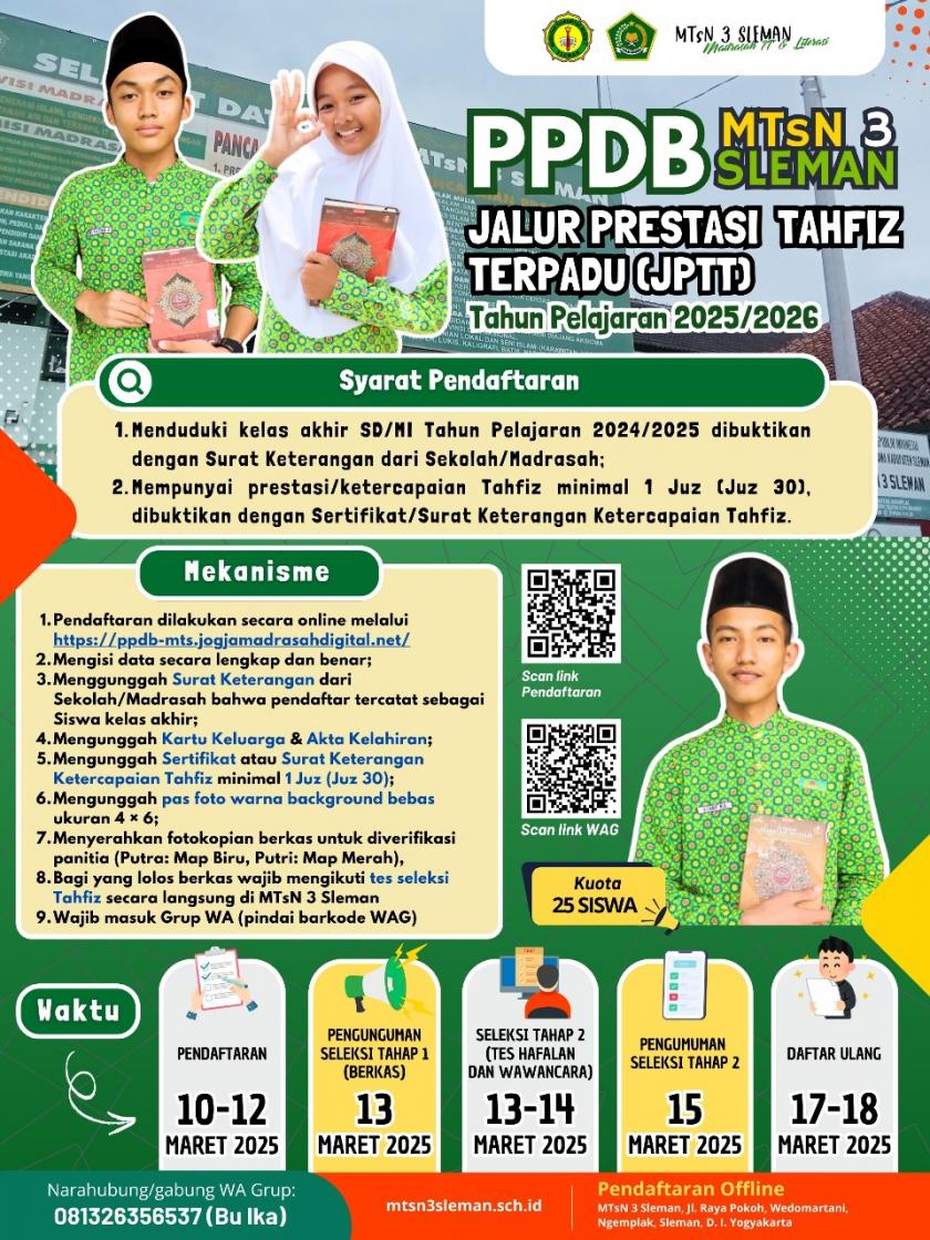 INFORMASI PPDB JALUR PRESTASI TAHFIZ TERPADU (JPTT) TA 2025/2026