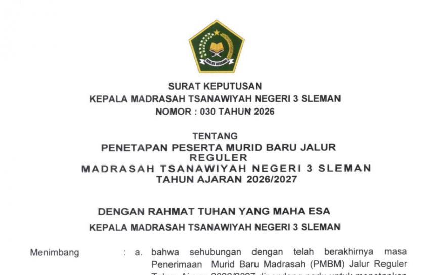 PENGUMUMAN PMBM REGULER DAN DOMISILI TAHUN AJARAN 2026/2027