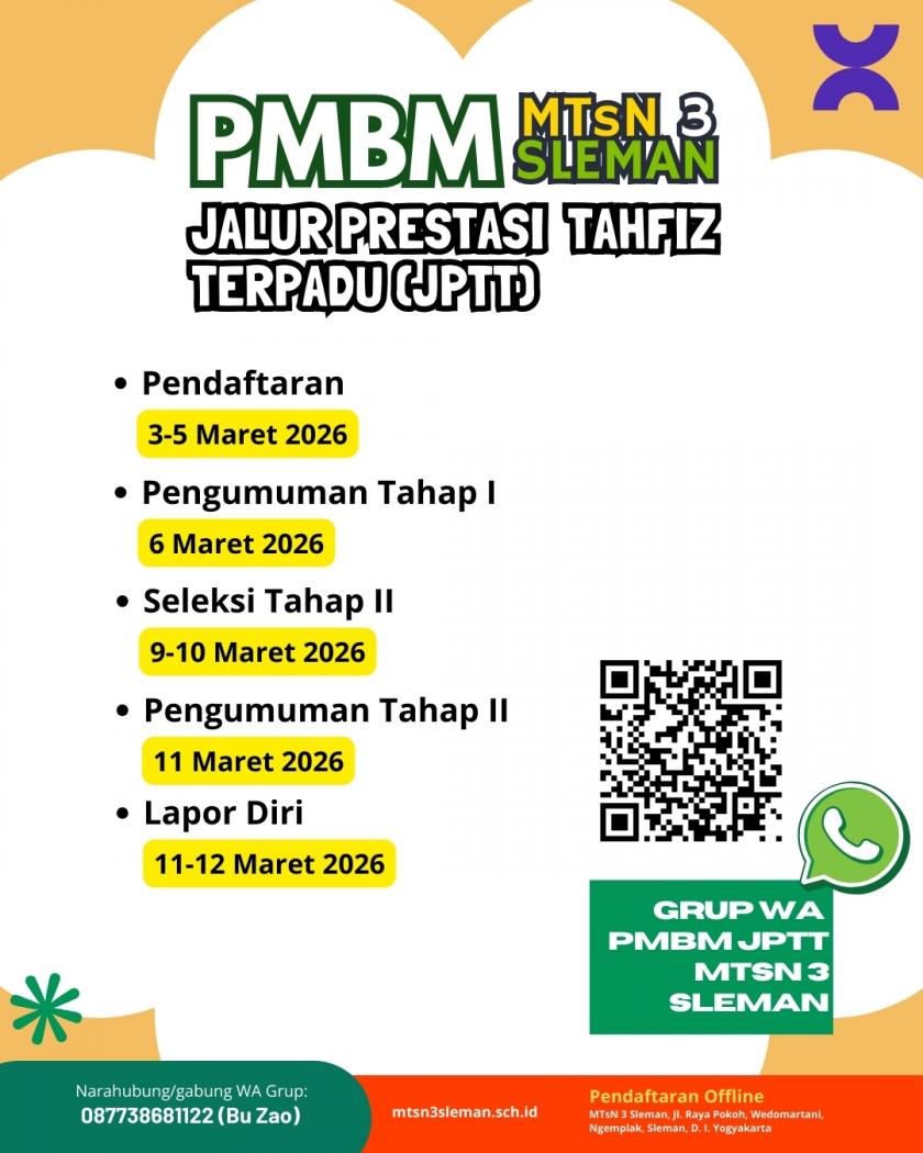 PMBM Jalur Pendaftaran Tahfiz Terpadu (JPTT) Tahun Pelajaran 2026/2027